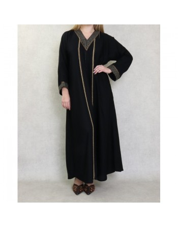 Robe Abaya Dubaï noire de qualité avec motifs strass dorés 