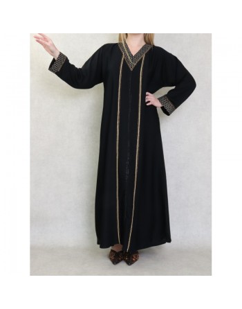 Robe Abaya Dubaï noire de qualité avec motifs strass dorés 