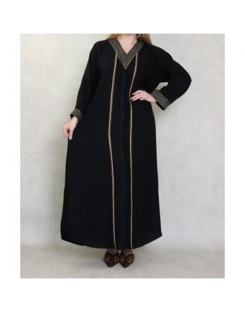 Robe Abaya Dubaï noire de qualité avec motifs strass dorés 