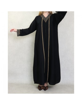 Robe Abaya Dubaï noire de qualité avec motifs strass dorés 