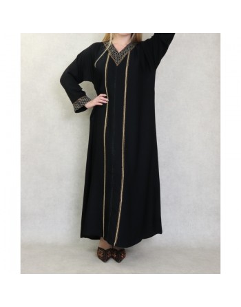Robe Abaya Dubaï noire de qualité avec motifs strass dorés 