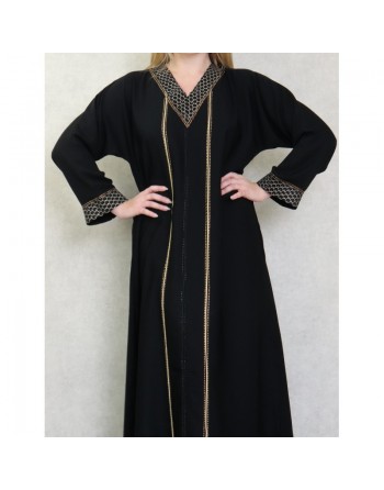 Robe Abaya Dubaï noire de qualité avec motifs strass dorés 