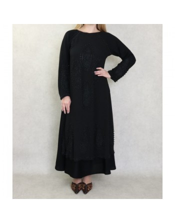 Robe Abaya Dubaï noire de qualité avec nombreuses perles noires et strass 
