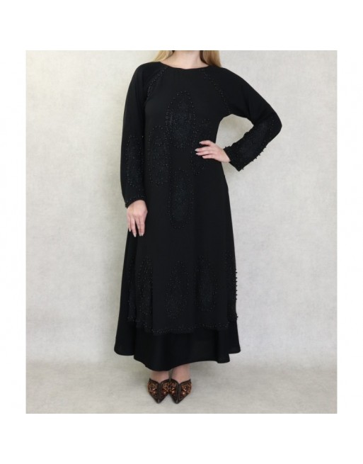 Robe Abaya Dubaï noire de qualité avec nombreuses perles noires et strass Robe Abaya Dubaï noire de qualité avec nombreuses perles noires et strass