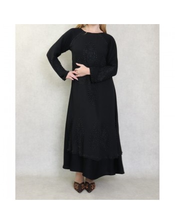 Robe Abaya Dubaï noire de qualité avec nombreuses perles noires et strass 