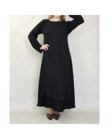 Robe Abaya Dubaï noire de qualité avec nombreuses perles noires et strass 
