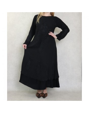 Robe Abaya Dubaï noire de qualité avec nombreuses perles noires et strass 