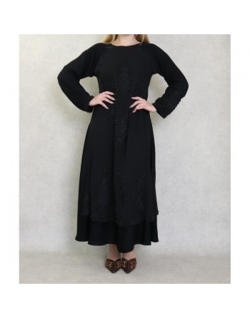 Robe Abaya Dubaï noire de qualité avec nombreuses perles noires et strass 