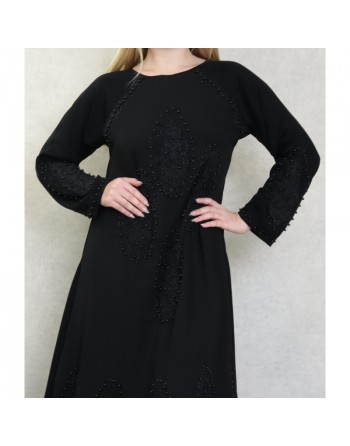 Robe Abaya Dubaï noire de qualité avec nombreuses perles noires et strass 