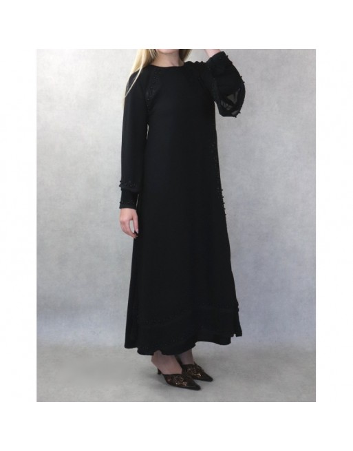 Robe Abaya Dubaï noire de qualité avec nombreuses perles noires et strass Robe Abaya Dubaï noire de qualité avec nombreuses perles noires et strass