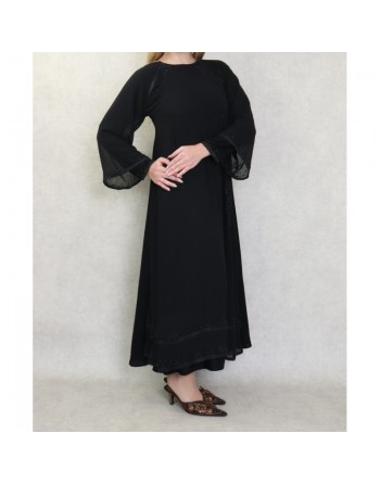 Robe Abaya Dubaï noire de qualité avec nombreuses perles noires et strass 