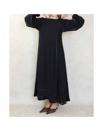 Robe Abaya Dubaï noire de qualité avec nombreuses perles noires et strass 