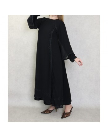 Robe Abaya Dubaï noire de qualité avec nombreuses perles noires et strass 