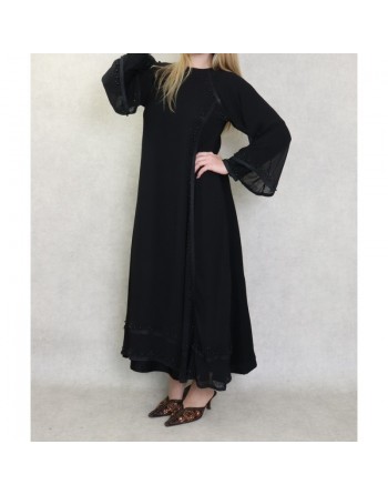 Robe Abaya Dubaï noire de qualité avec nombreuses perles noires et strass 