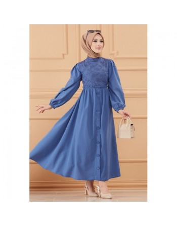 Robe en coton ample style évasé avec broderie discrète pour femme (Vêtement habillé pour hijab) - Couleur bleu indigo 