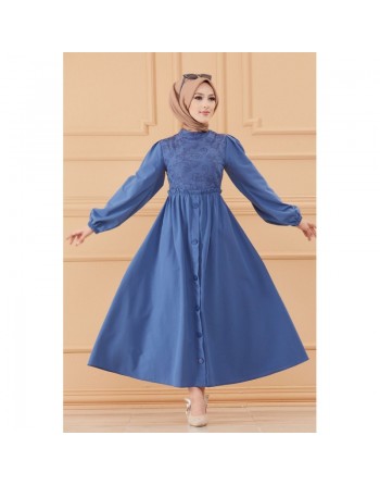 Robe en coton ample style évasé avec broderie discrète pour femme (Vêtement habillé pour hijab) - Couleur bleu indigo 