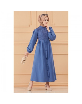 Robe en coton ample style évasé avec broderie discrète pour femme (Vêtement habillé pour hijab) - Couleur bleu indigo 