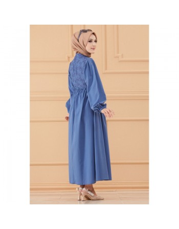 Robe en coton ample style évasé avec broderie discrète pour femme (Vêtement habillé pour hijab) - Couleur bleu indigo 