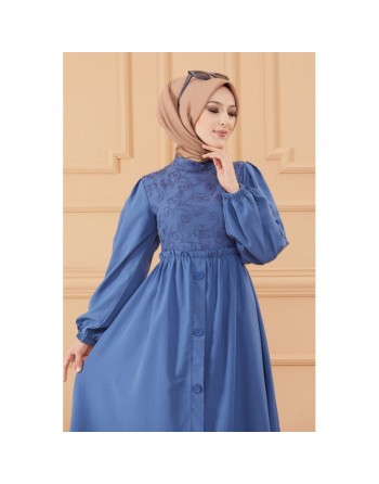 Robe en coton ample style évasé avec broderie discrète pour femme (Vêtement habillé pour hijab) - Couleur bleu indigo 