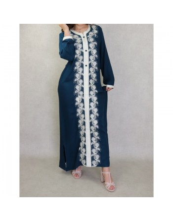 Robe orientale brodée manches longues pour femme - Couleur Bleu 