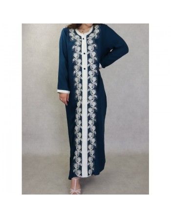 Robe orientale brodée manches longues pour femme - Couleur Bleu 