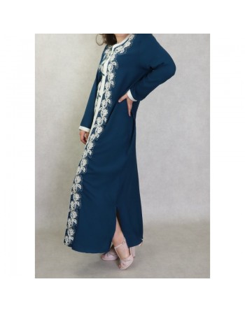 Robe orientale brodée manches longues pour femme - Couleur Bleu 