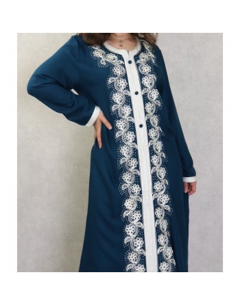 Robe orientale brodée manches longues pour femme - Couleur Bleu 