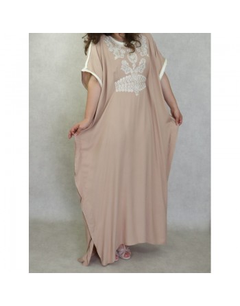 Robe orientale style arabe à manches courtes brodée avec perles et strass - couleur beige 