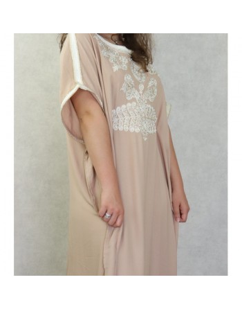 Robe orientale style arabe à manches courtes brodée avec perles et strass - couleur beige 
