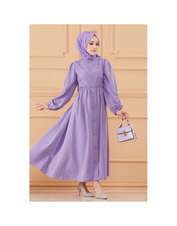 Robe en coton ample et évasée et brodée pour femme (Vêtement classique habillé hijab) - Couleur lilas 