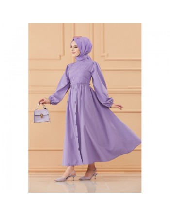 Robe en coton ample et évasée et brodée pour femme (Vêtement classique habillé hijab) - Couleur lilas 