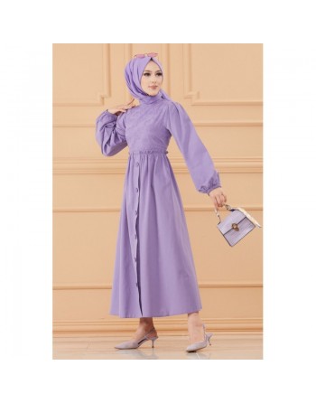 Robe en coton ample et évasée et brodée pour femme (Vêtement classique habillé hijab) - Couleur lilas 