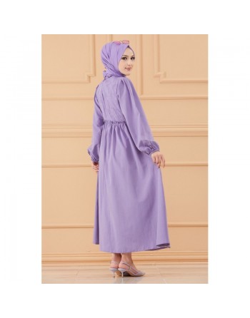Robe en coton ample et évasée et brodée pour femme (Vêtement classique habillé hijab) - Couleur lilas 