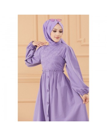 Robe en coton ample et évasée et brodée pour femme (Vêtement classique habillé hijab) - Couleur lilas 