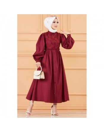 Robe en coton ample et évasée devant et dos brodés pour femme (Vêtement mastour et habillé pour hijab) - Couleur bordeaux 