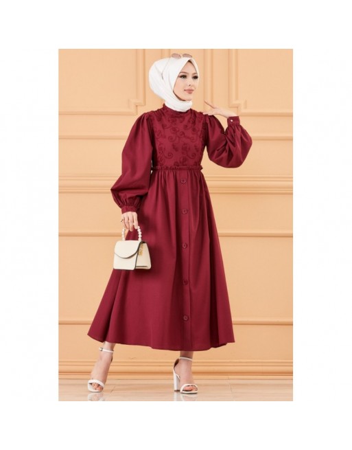Robe en coton ample et évasée devant et dos brodés pour femme (Vêtement mastour et habillé pour hijab) - Couleur bordeaux Robe en coton ample et évasée devant et dos brodés pour femme (Vêtement mastour et habillé pour hijab) - Couleur bordeaux