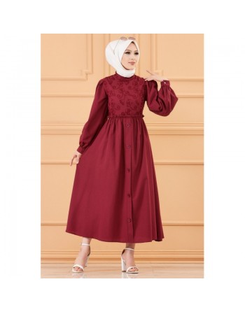 Robe en coton ample et évasée devant et dos brodés pour femme (Vêtement mastour et habillé pour hijab) - Couleur bordeaux 