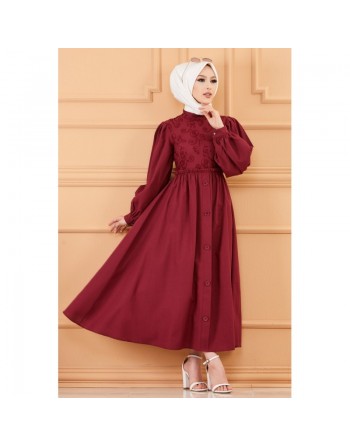 Robe en coton ample et évasée devant et dos brodés pour femme (Vêtement mastour et habillé pour hijab) - Couleur bordeaux 