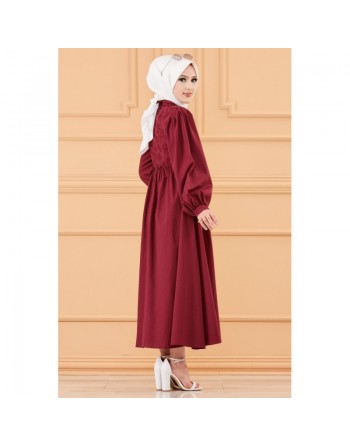 Robe en coton ample et évasée devant et dos brodés pour femme (Vêtement mastour et habillé pour hijab) - Couleur bordeaux 