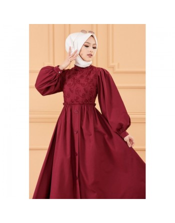 Robe en coton ample et évasée devant et dos brodés pour femme (Vêtement mastour et habillé pour hijab) - Couleur bordeaux 