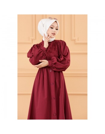 Robe en coton ample et évasée devant et dos brodés pour femme (Vêtement mastour et habillé pour hijab) - Couleur bordeaux 