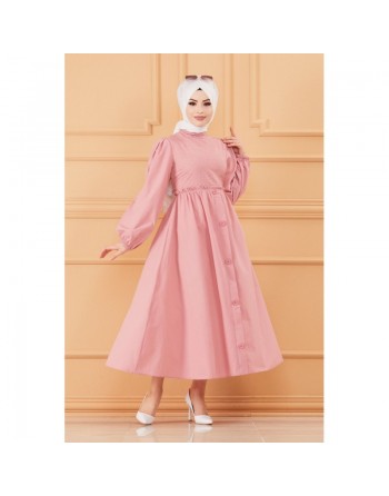 Robe en coton habillée ample et évasée avec broderies discrètes pour femme (Vêtement classique pour hijab) - Couleur ros... 