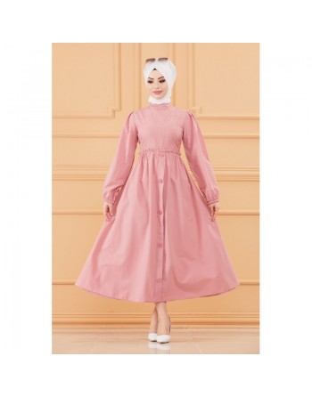 Robe en coton habillée ample et évasée avec broderies discrètes pour femme (Vêtement classique pour hijab) - Couleur ros... 