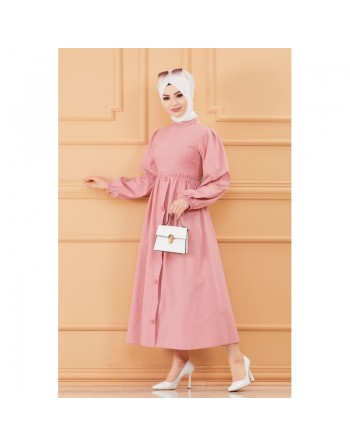 Robe en coton habillée ample et évasée avec broderies discrètes pour femme (Vêtement classique pour hijab) - Couleur ros... 