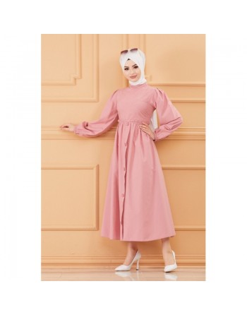 Robe en coton habillée ample et évasée avec broderies discrètes pour femme (Vêtement classique pour hijab) - Couleur ros... 