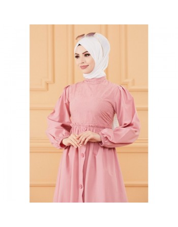 Robe en coton habillée ample et évasée avec broderies discrètes pour femme (Vêtement classique pour hijab) - Couleur ros... 