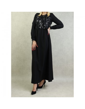 Robe élégante maxi-longue et ample bi-matière pour femme (Grande taille disponible) - Couleur noir 