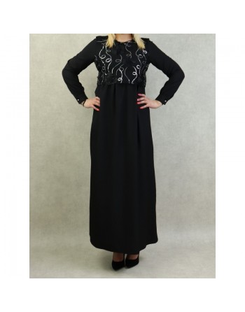 Robe élégante maxi-longue et ample bi-matière pour femme (Grande taille disponible) - Couleur noir 