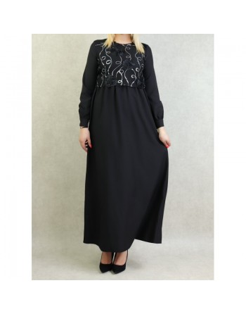 Robe élégante maxi-longue et ample bi-matière pour femme (Grande taille disponible) - Couleur noir 