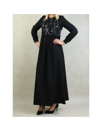 Robe élégante maxi-longue et ample bi-matière pour femme (Grande taille disponible) - Couleur noir 